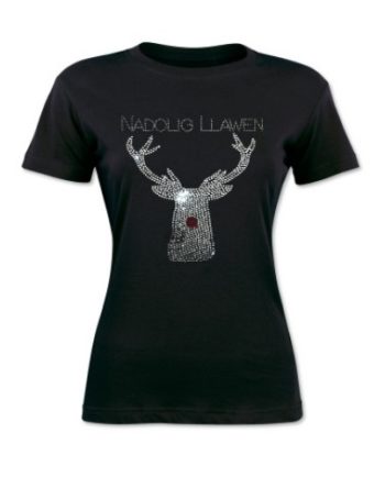 Welsh Nadolig Llawen Diamante Reindeer T-Shirt