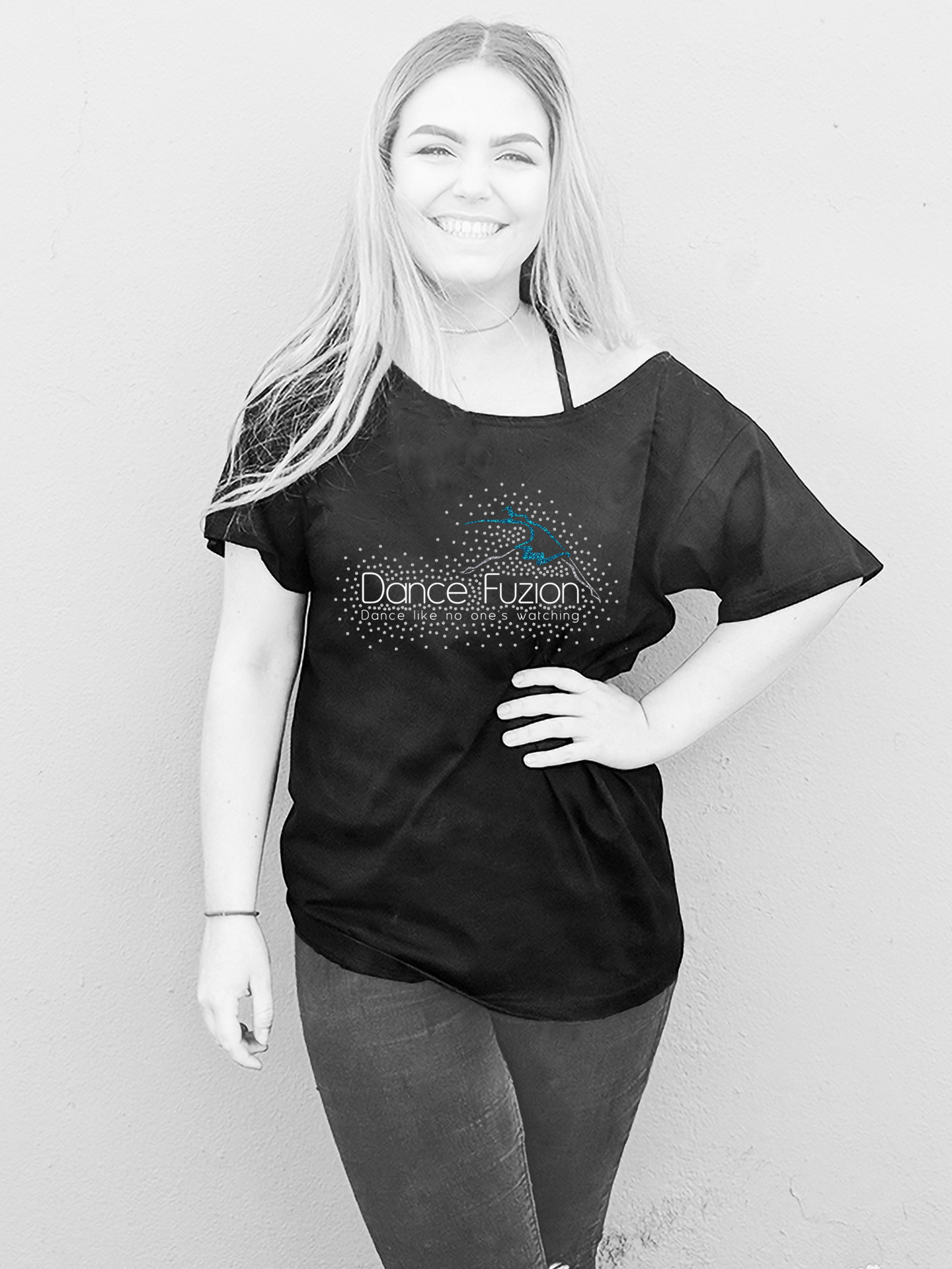 Dance Fuzion Glitter and Rhinestone Wide Neck T-shirt