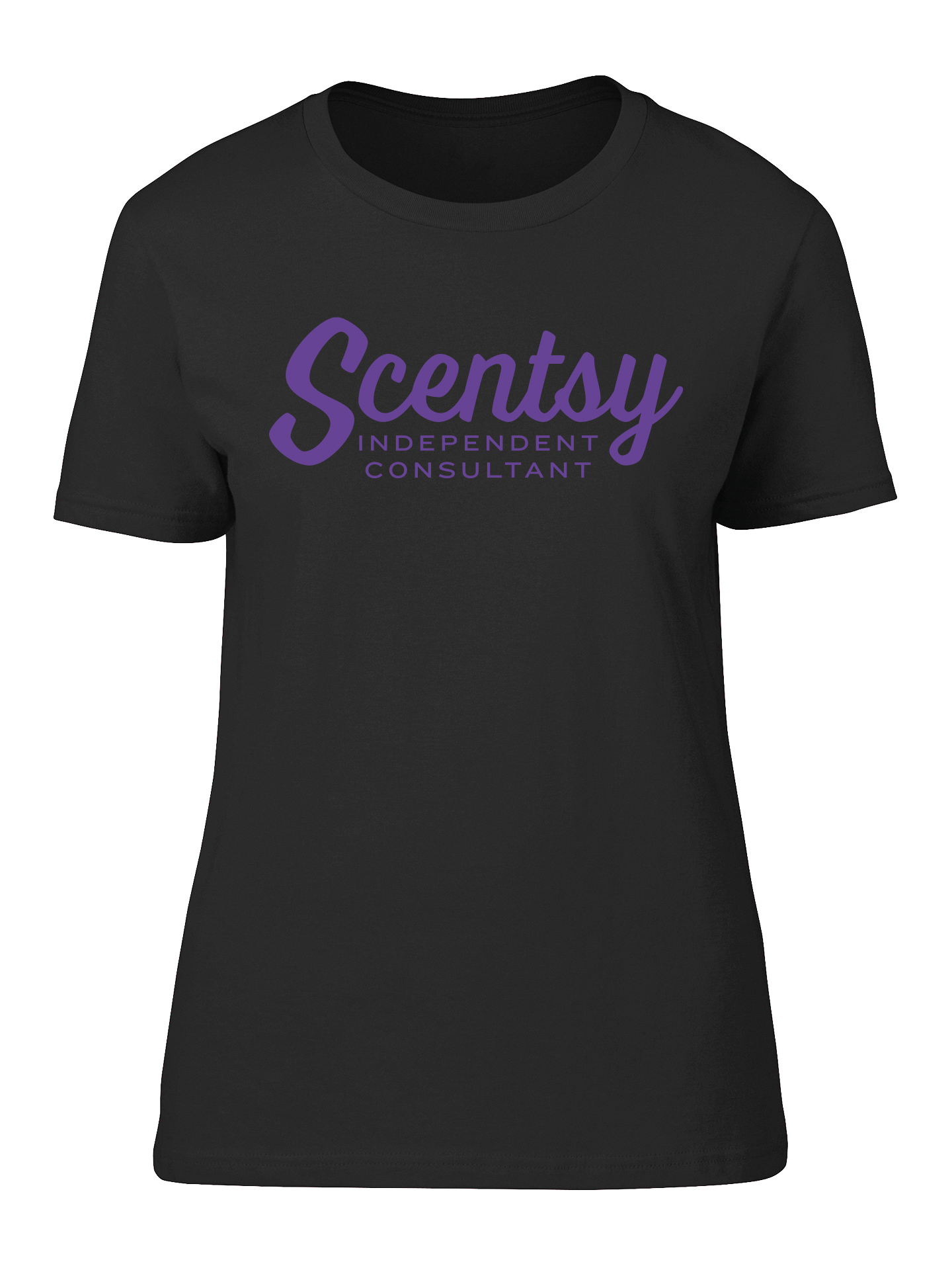 Authorized Scentsy Vendor Ladies Fitted Black / White T-Shirt with Purple Script Logo